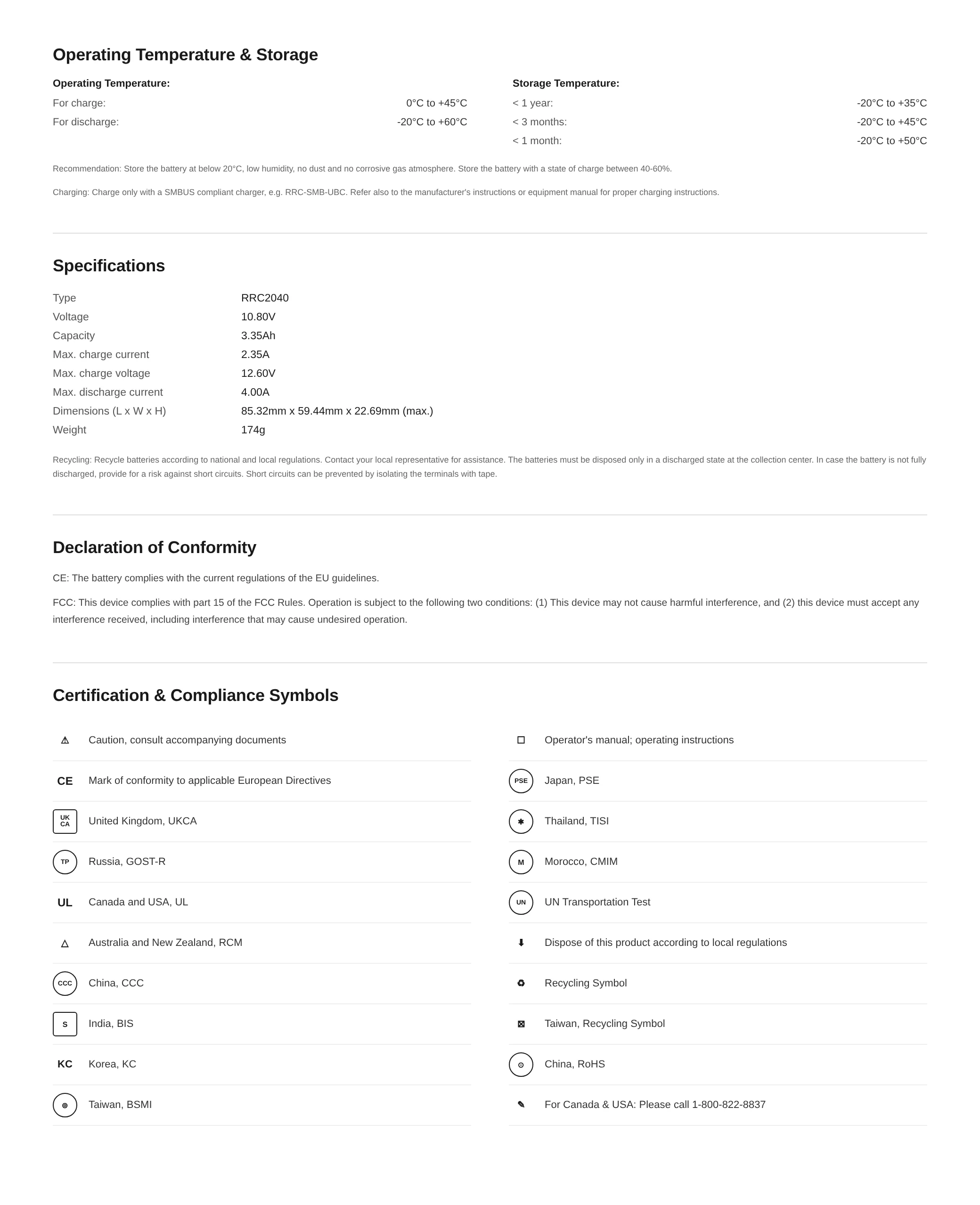 RRC2040 specifications, conformity, and compliance