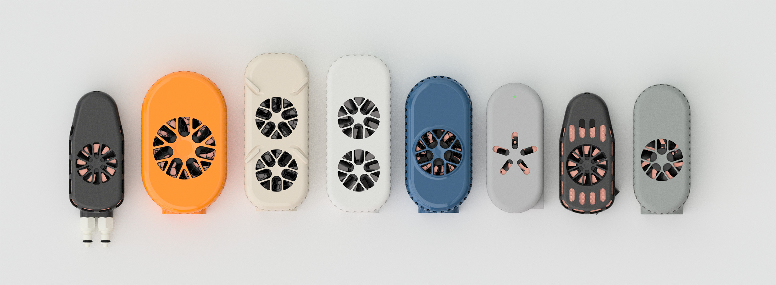 Palomino thermal engine lineup — eight modules in charcoal, orange, cream, white, blue, silver, dark, and gray